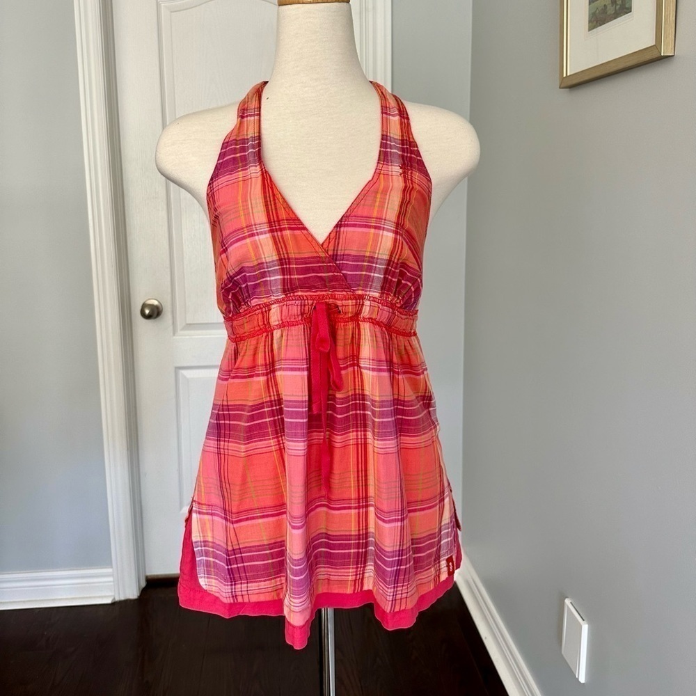 EDC (Esprit de Corps) Haltered Backless Baby Doll Smocked Plaid Top - Red/Orange